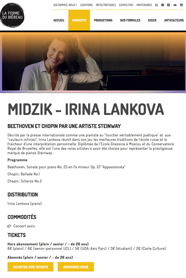 Page Internet. Irina Lankova - Récital à la Ferme du Biéreau. Programme « Appassionato ». 2018-12-04